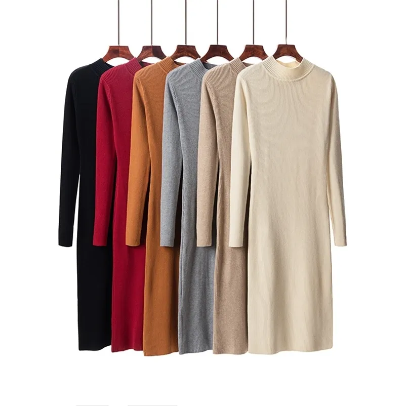 Fall Office Lady Temperament Medium Long Half High Neck A Line Sweater Dress Women's Casual Base Inner Split Knit 210520