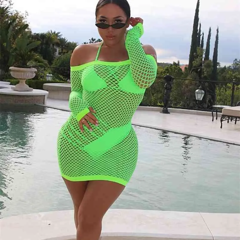 Sexy neon groene zomer strand jurk vrouwen uit de schouder lange mouw bodycon mesh uitgehold clubwear mini vestidos 210517