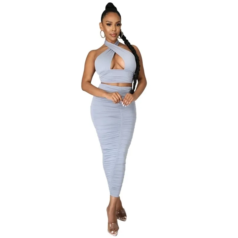 Kvinnor Sexig Halter Crop Top Lace Up Hollow Out Bodycon Midi Skirt Två Piece Set Dress Fashion Night Club Beach Holiday Suit 210525