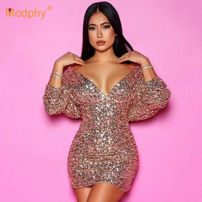 Casual Dresses 2021 Women Bodycon Dress Vestidos Sexig V-Neck Långärmad Silver Sequin Mini Celebrity Club Runway Evening Party