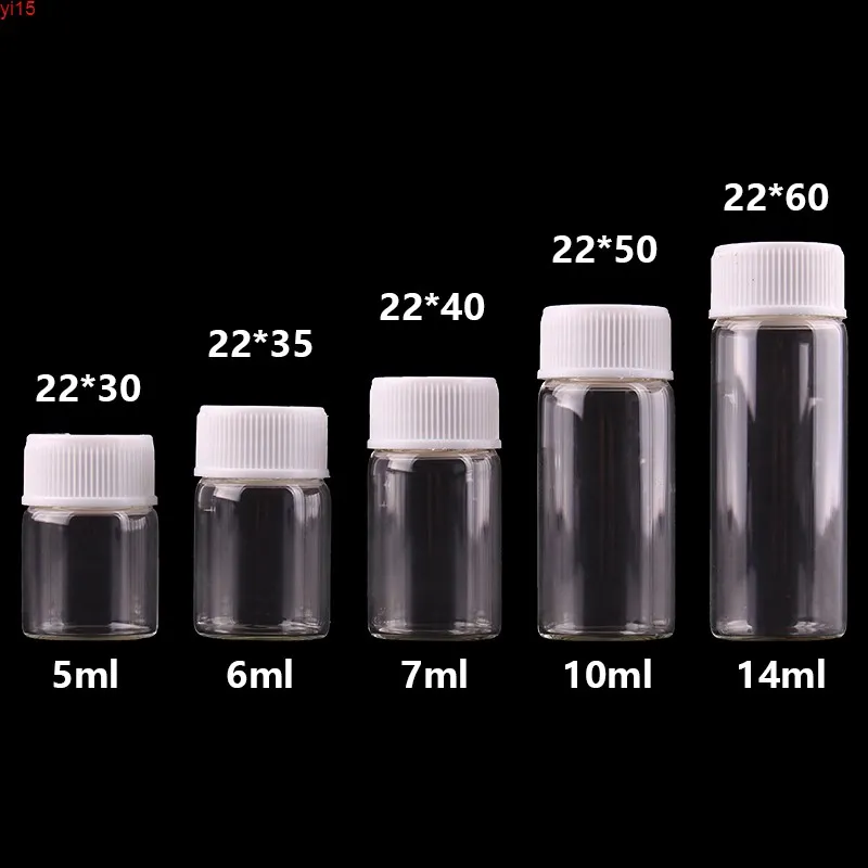 5 ml 6 ml 7 ml 10 ml 14 ml Mini Temizle Cam Şişeler Beyaz Plastik Vidalı Kapaklı Boş Baharat Kavanoz DIY El Sanatları Vialsgood Qty