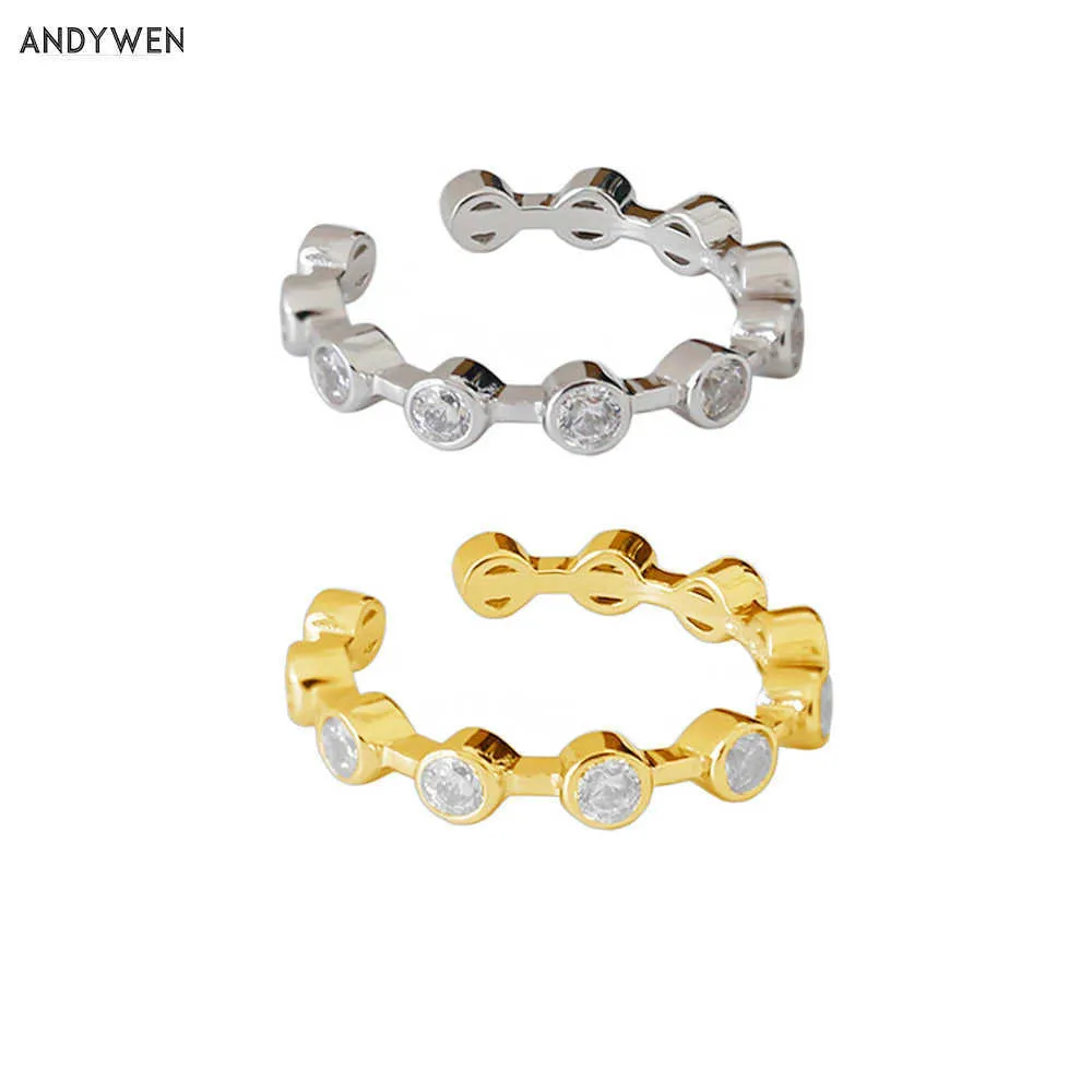 Andywen 925 Sterling Silver Gold Crystal Rings Resizable Ajustável Redondo Zircão CZ Europeia Rock Punk Jóias Simples 210608