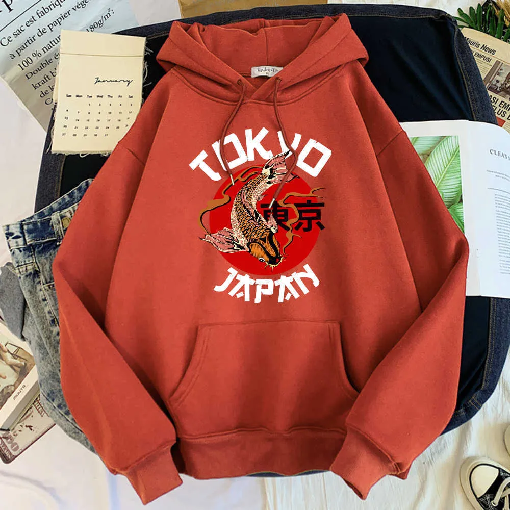 Engraçado Tóquio Koi Imprimir Hoodie Hip Hop Street Moletons Retro Streetwear Tracksuit Mens Com Confortável Brotovers para Masculino Y0727