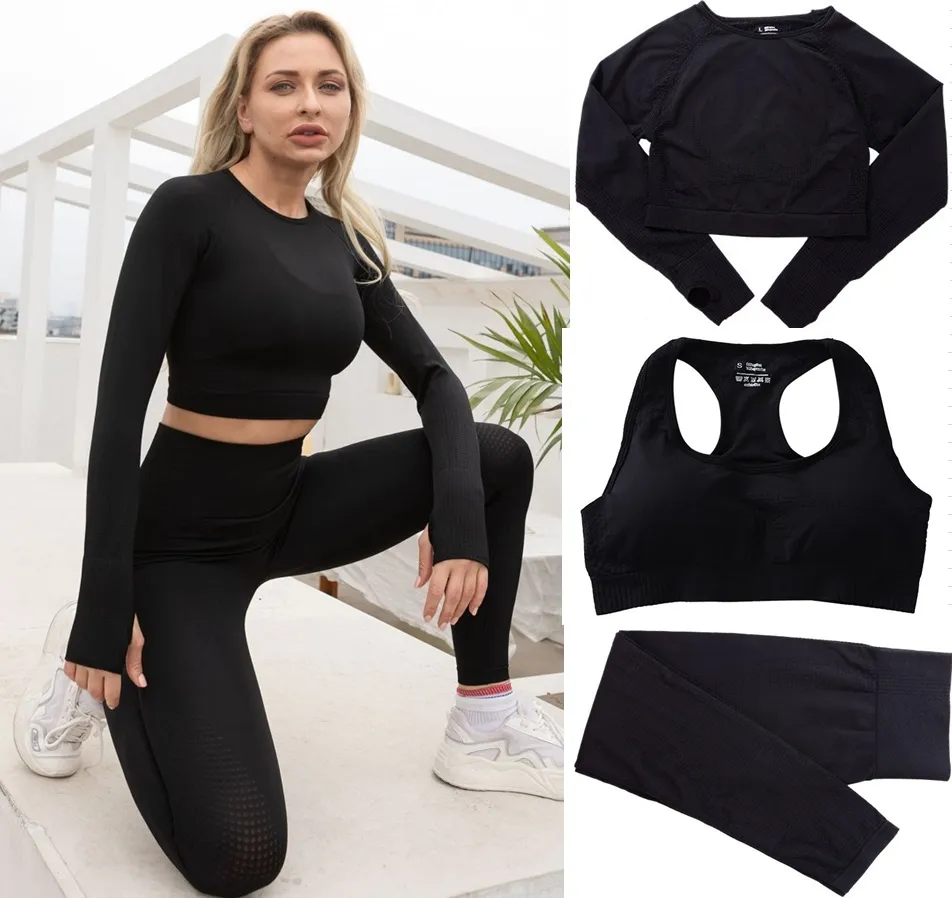 Pantalon de yoga Survêtements pour femmes Survêtement femme Tenue de yoga Chemises Soutien-gorge de sport Costume féminin Sexy Taille haute Leggings Vêtements de sport Ensemble trois pièces sans couture Vêtements de sport de fitness