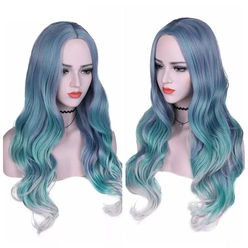 Synthetic Wigs Long Wavy Blue Fiber Middle Part Heat Resistant For Women Natural Hair Daily/Party/Cosplay Party