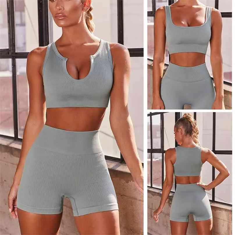 Yoga Shorts Sets Women Seamless Sports Outfits Fitness Suit Gym Clothing Sport Set Ribbed U Collar Sexy Workout Clothes Wear 210802