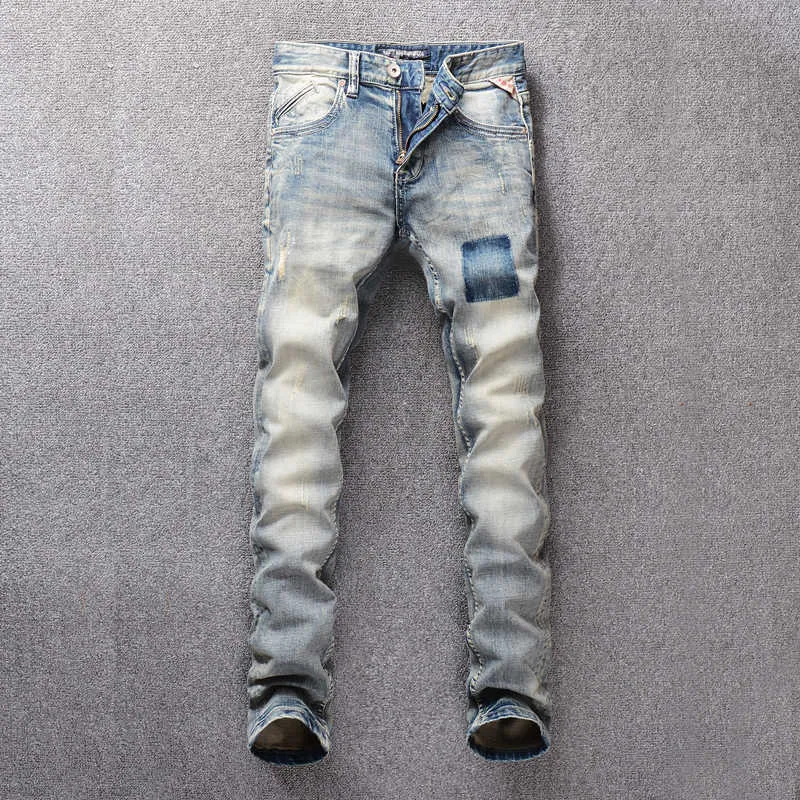 Italiensk stil mode män jeans retro grå blå slim passform ripped streetwear vintage designer bomull denim byxor hombre xuzl