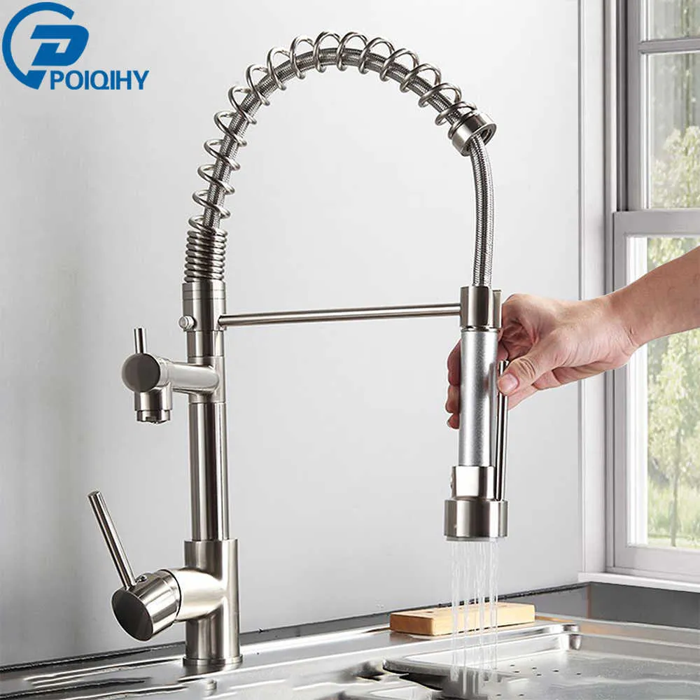 Brushed Nickel Kitchen Faucet Dual Function Spout Pull Down Shower Spray Swivel Spout Kitchen sink Taps Cold Mixer tap crane 210724