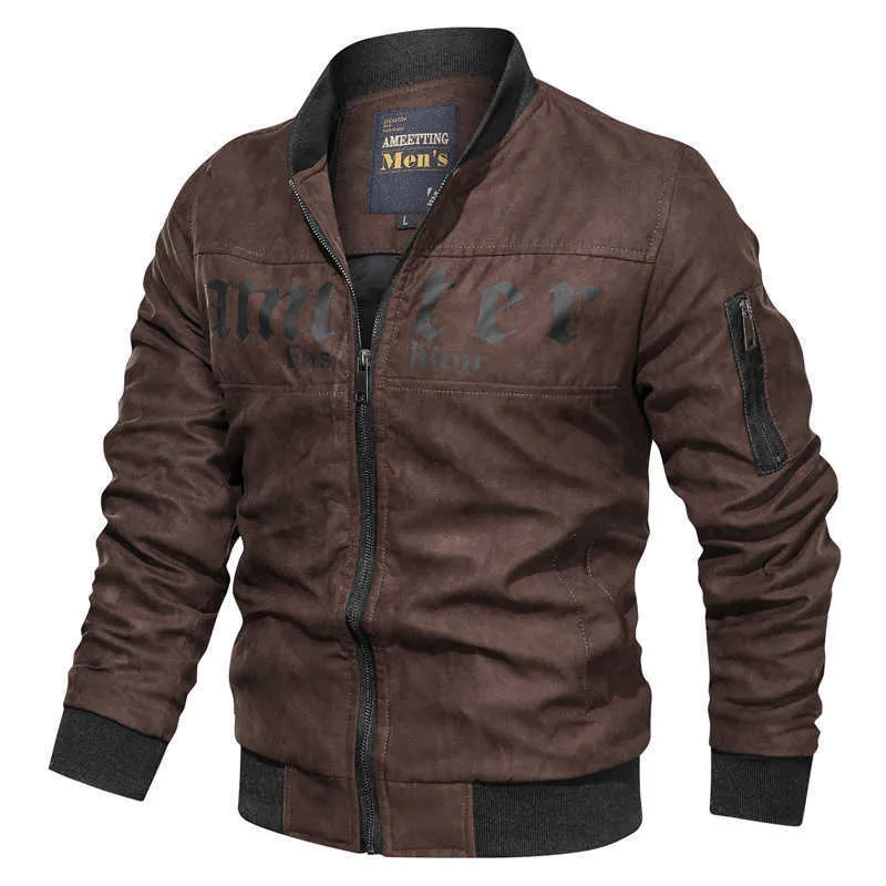 Men's Winter Leather Jacket Bomber Windbreaker Fashion Jackets for Men PU Overcoat Streetwear Brown Leather Male Coat 211009