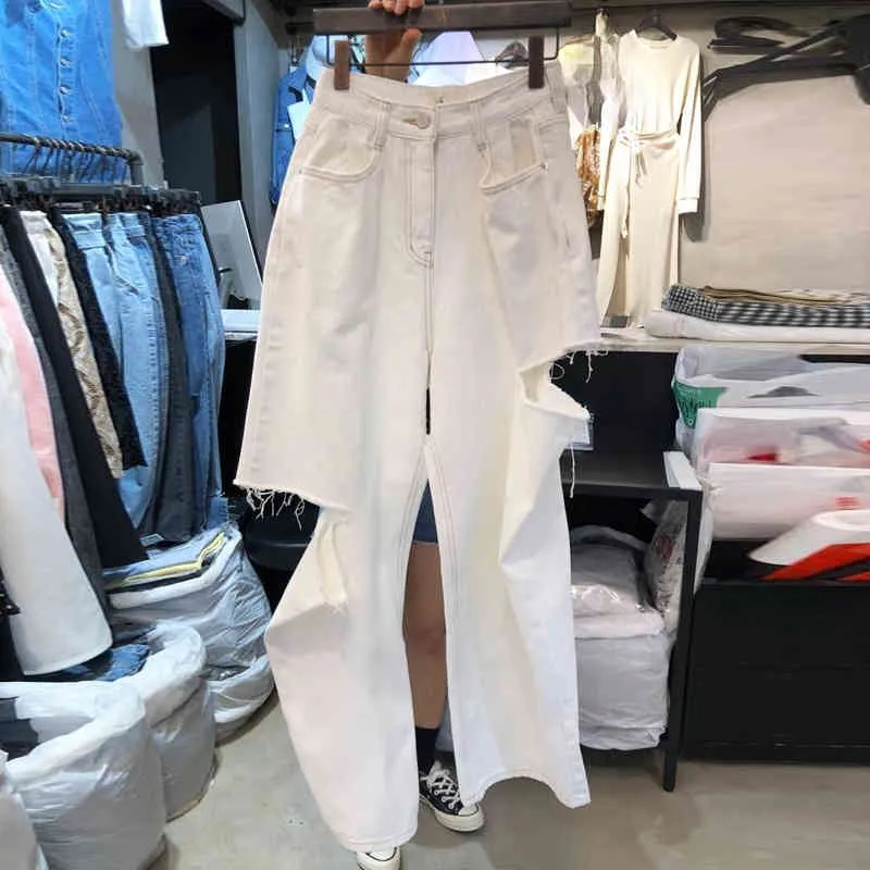 Korean Style High Waisted Women Wide Leg White Jeans Fashion Hole Denim Pants Casual Loose Pantalones Mujer 210514