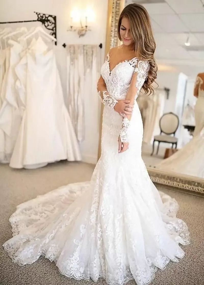 2022 Abiti da sposa a sirena a maniche lunghe in pizzo splendido Abito da sposa con cristalli di perline applique Sweep Train Custom Made Plus Size Scollo a V robe de mariee