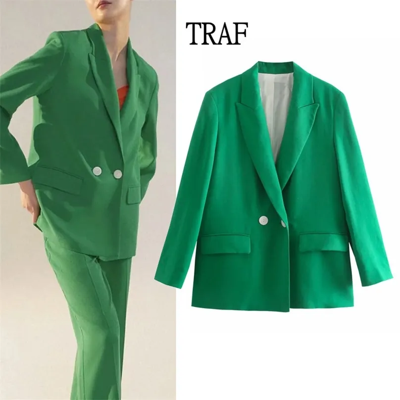 TRAF ZA Mulher Feminina Terno Blazer Moda Dupla Breasted Green Coat Escritório Senhora Manga Longa Casual Outerwear Feminino 211006