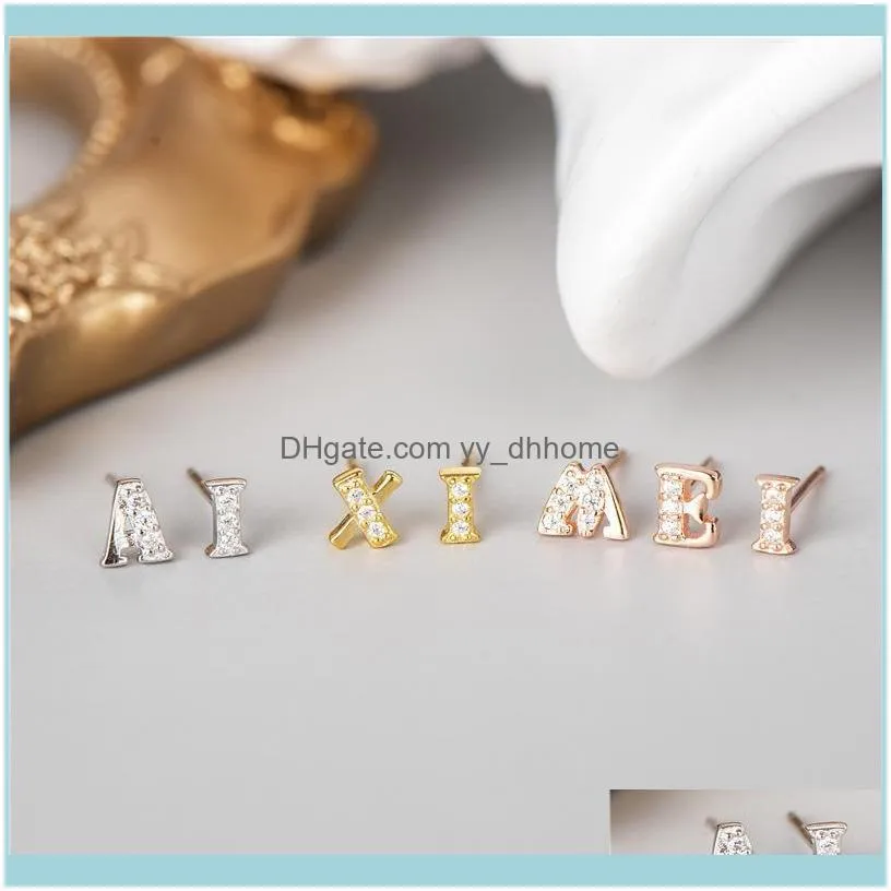 Stud Jewelrystud 1 pièce S925 Sterling Sier or Rose 26 lettres anglaises boucles d'oreilles femme petit Alphabet Zircon goujons mignon Mini livraison directe 202