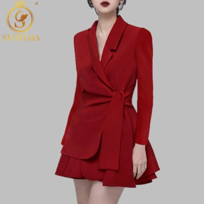 Two-piece women Red and Black Skirt set female Elegant autumn winter Long sleeve Bow suits 210520