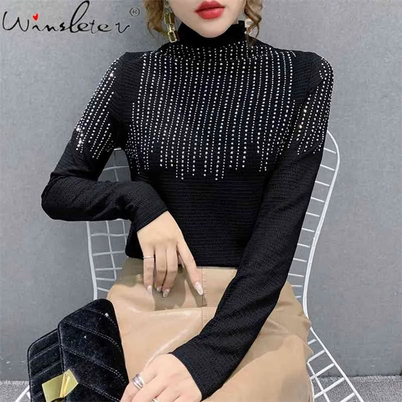 Czarna Tshirt Pół Turtleneck Diamenty Casual T-shirt Topy Dla Kobiet Dziewczyny Slim Stretch Długi Rękaw T0D504A 210421