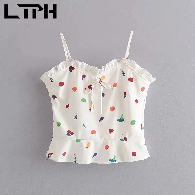 Ins Streetwear Vintage Fruit Print Dames Tanks Crop Top Mouwloze Tops Bow Short Casual All-Match Camisole Zomer 210427