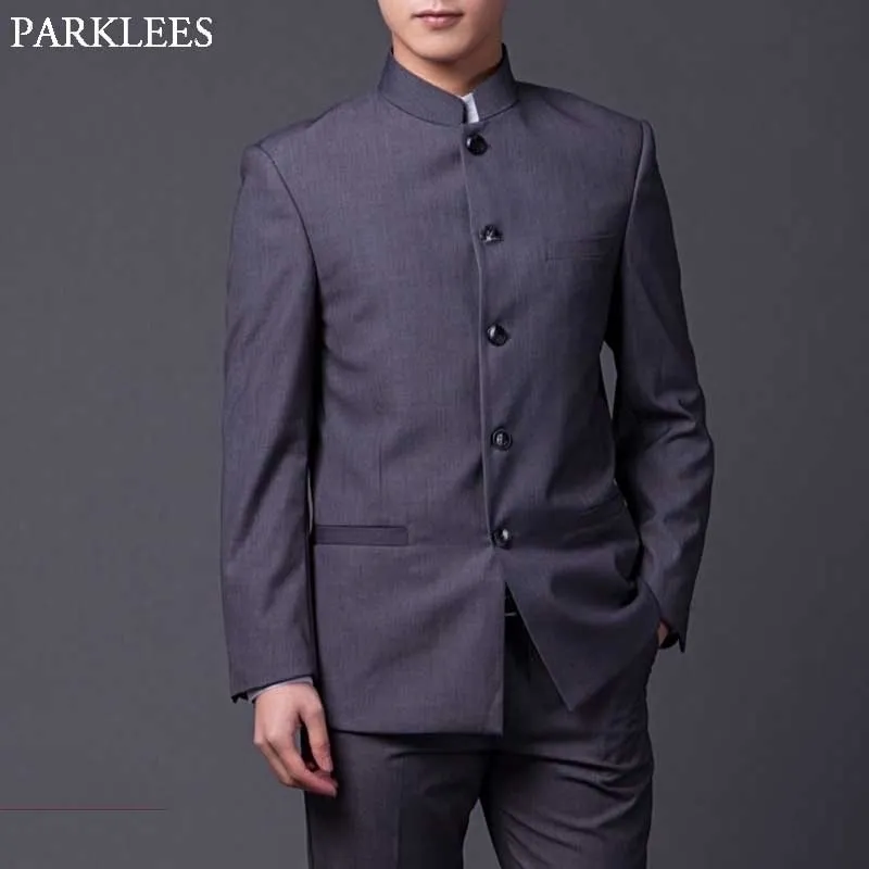 Mens Vintage Style 5 Button Mandarin Collar Suit Groomsmen Formal