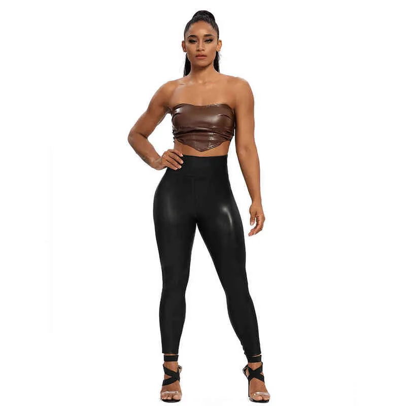 Black Faux Patent Leather Stretch Leggings With High Waist And