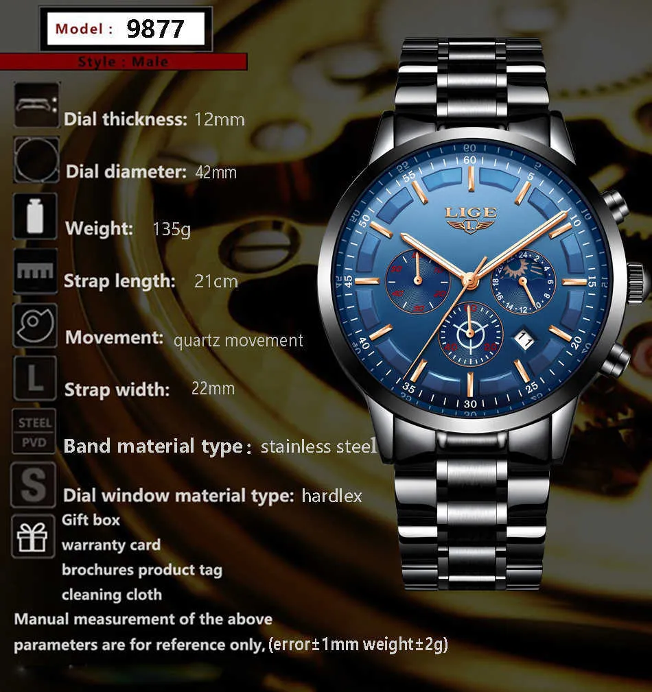 LIGE Mens Waterproof Lige Watch 1853 Price Full Steel Dress
