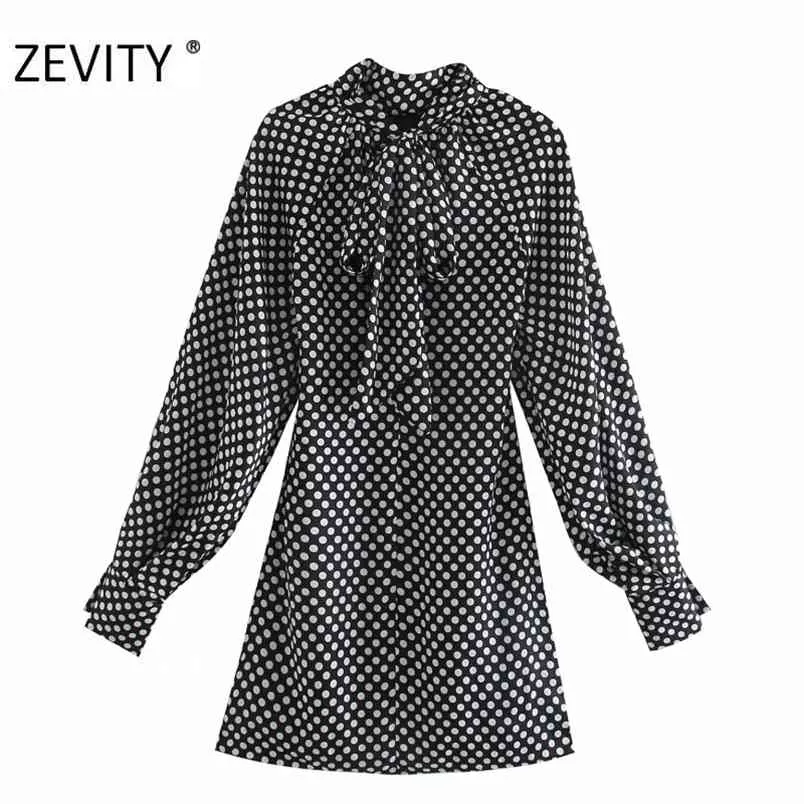 women vintage bow tied stand collar polka dots print mini dress female lantern sleeve casual vestidos chic dresses DS4426 210420