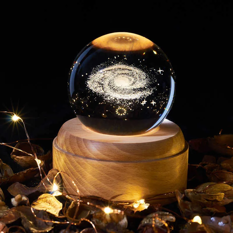 Sfera di cristallo luce notturna ricarica usb lampade lunari per bambini Music Box lampada 3d Universo Galaxy Earth Globe Artigianato Home Desktop Decor Y0910