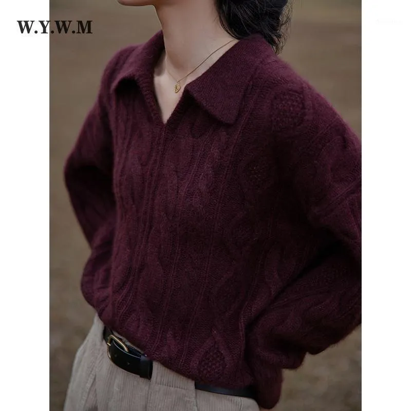 Women's Sweaters WYWM 2021 Winter Knitted Sweater Women Korean Vintage Elegant Turn-down Collar Pullover Autumn Solid Long Sleeve Female Top