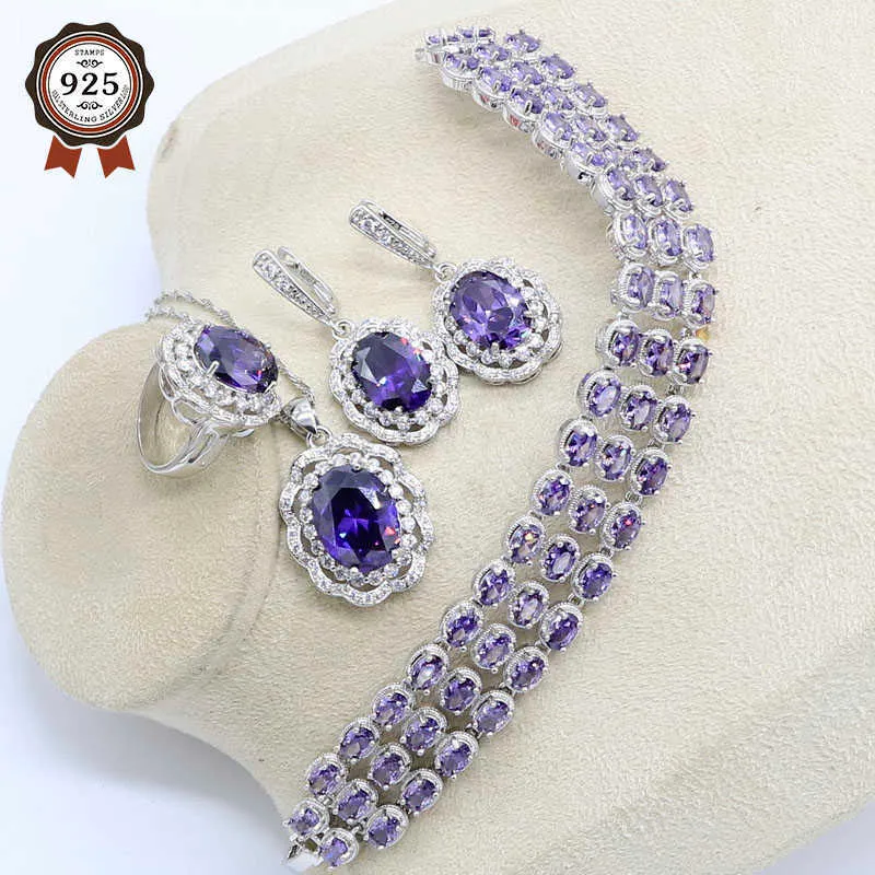 Set di gioielli naturali di colore argento viola per le donne braccialetto orecchini collana pendente anello ring regalo scatola H1022