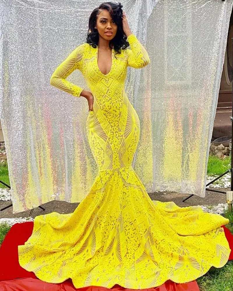 Yello Lace Mermaid Prom Dresses Long Sleeve Plus Size Sweep Train Formal  Evening Gowns For Arabic Women From Babynice666, $178.19 | DHgate.Com