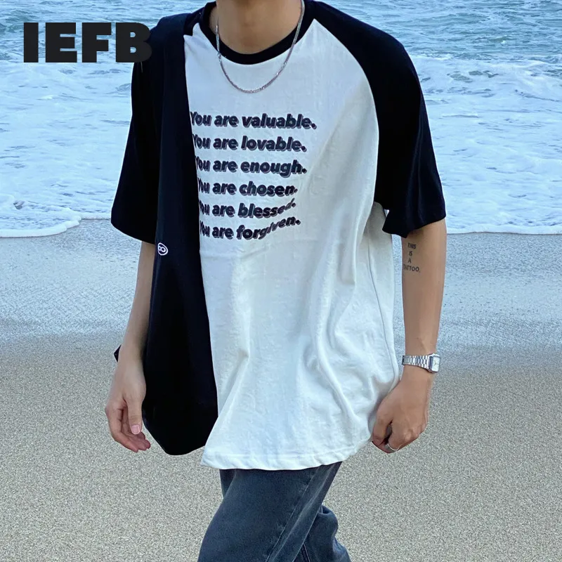 IEFB Summer Color Contrast Letter Print Short Sleeve T-shirt Mäns lösa O-nacke Oversize Korean Style Tee Toppar 9Y7426 210524