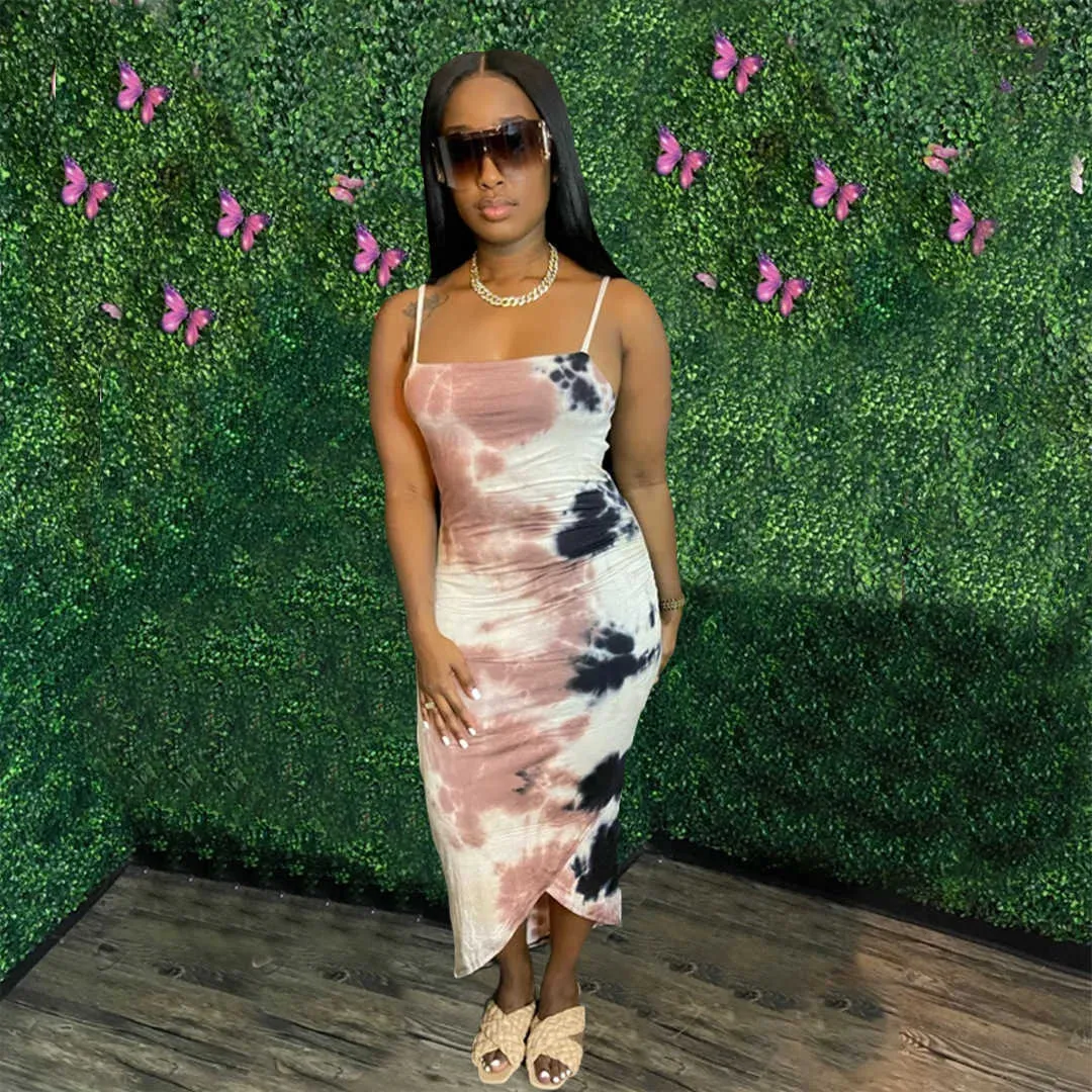Product Title: Printed Tie Dye Long Tie Dye Dress with Spaghetti Straps and Sleeveless Slit for Women - Style 210702Product Description: This