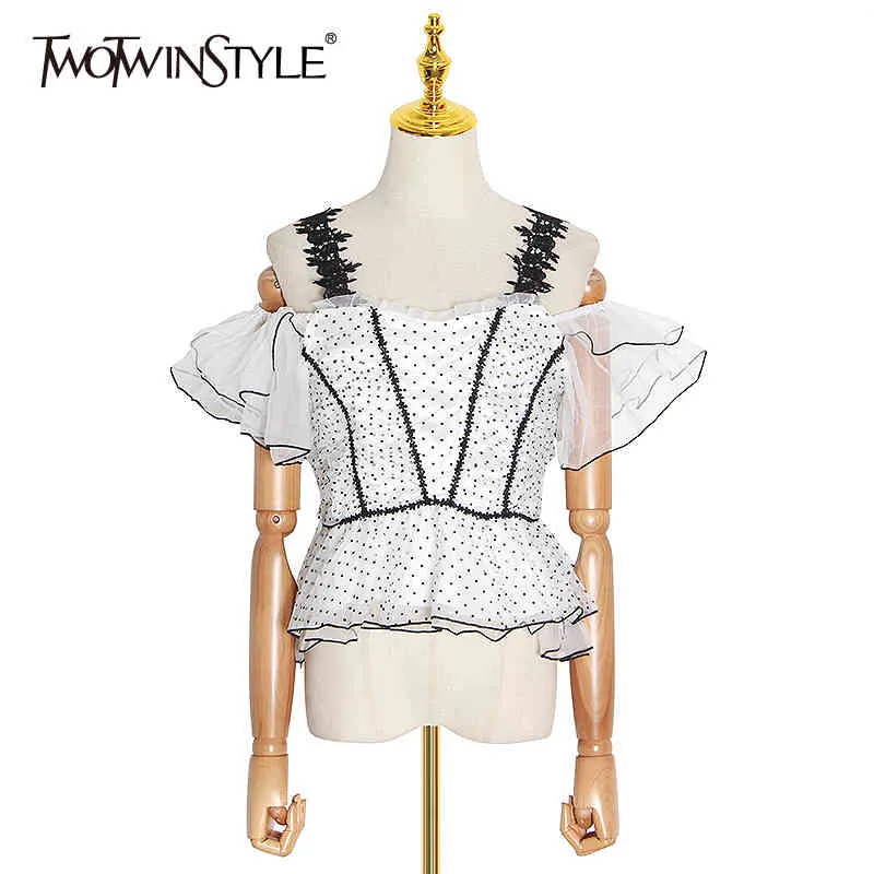 TWOTWINSTYLE Sexy Patchwork Dot Shirt For Women Square Collar Butterfly Sleeve Casual Blouse Female Fashion Clothing 210517