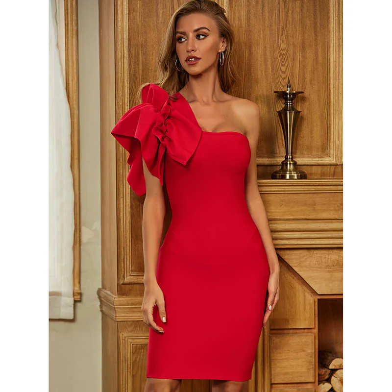 女性夏のファッションソリッドヌードセクシーなワンショルダーフリル赤ボディコン包帯ドレスシックなイブニングパーティーVestido 210527