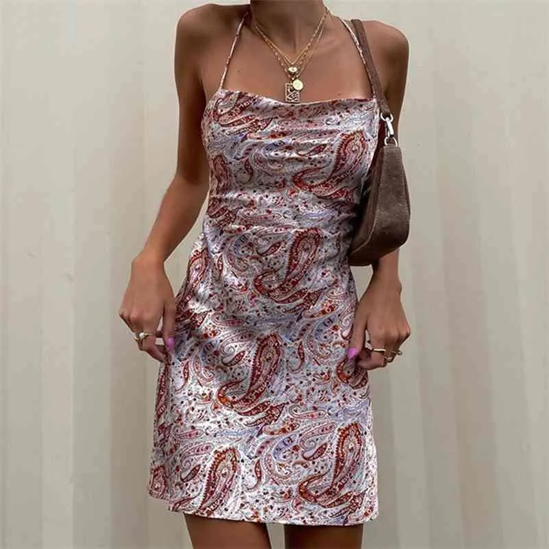 Deyar Floralプリント婦人夏のドレスセクシーなボディコンスパゲッティストラップバックレススリムサテンカジュアルストリートウェア衣装210630