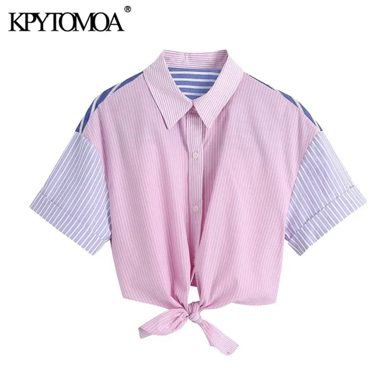 Women Fashion Patchwork Striped Loose Blouses Short Sleeve Button-up Knotted Hem Female Shirts Chic Tops 210420