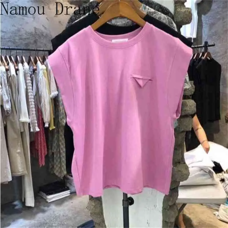 Coréia do Sul Dongdaemun Verão Moda Simples Cor Sólida All-Match Top Casual Rodada Neck sem mangas T-shirt Mulheres 210720