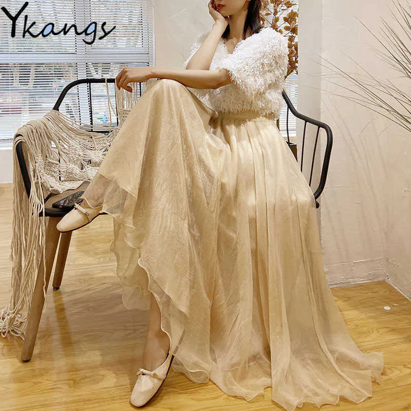 Shiny Chiffon Skirts Fashion Casual Women Elastic High Waist Maxi Skirts Female Boho A-line Pleated Ladies Party Long Skirt 210619