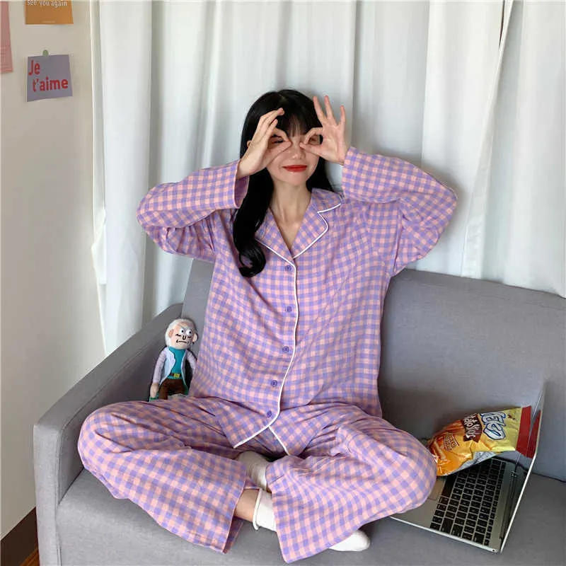 CAIYIER Korean Purple Grid Girls Pajamas Set Cute Winter Long Sleeve