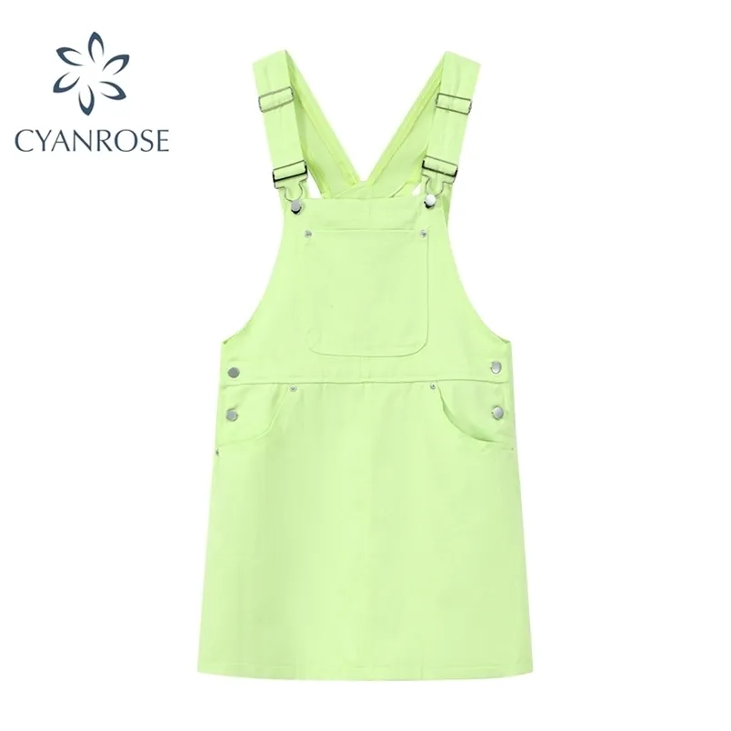 Green Crop Kombinezony Kamizelka Sukienka Kobiety Moda Suspenders Streetwear Proste Frocks Kobiet Kieszonkowy Słodki Luźne Ins Vestidos Mujer 210515