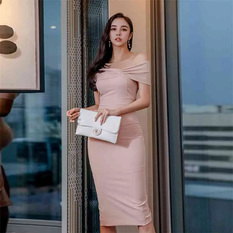 Roze sexy strakke Koreaanse dames zomer off schouder kantoor feestjurk voor vrouwen china kleding 210602