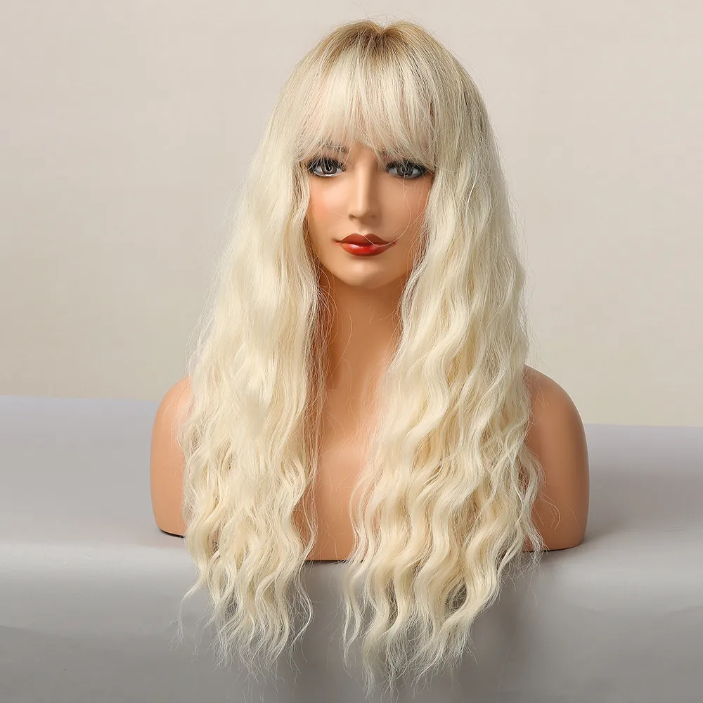 Perruque synthétique longue blonde platine avec frange, cheveux bouclés, perruques ondulées blondes claires pour femmes, Cosplay résistantes à la chaleur