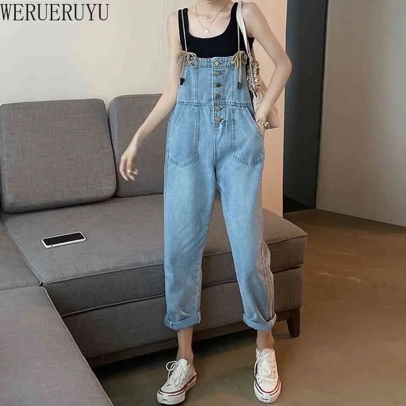 Werueruyu mode kvinnor damer baggy denim jeans bib full längd övergripande lösa kausal jumpsuit byxor sommar 210608