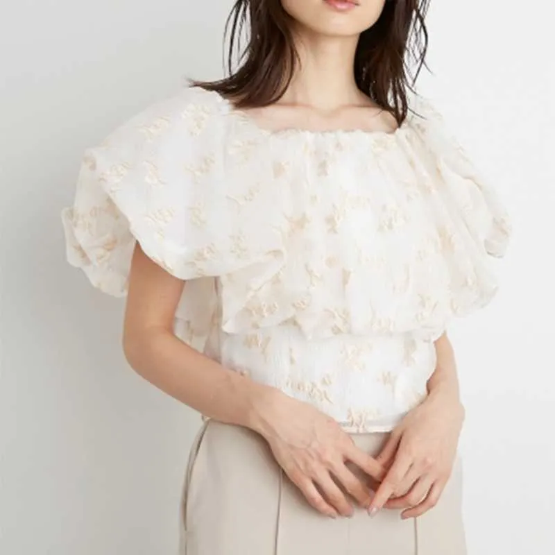 Sweet Puff manches courtes épaules dénudées Blouses pour femmes broderie impression japon Style chemises élégant tout match en mousseline de soie femmes hauts 210525