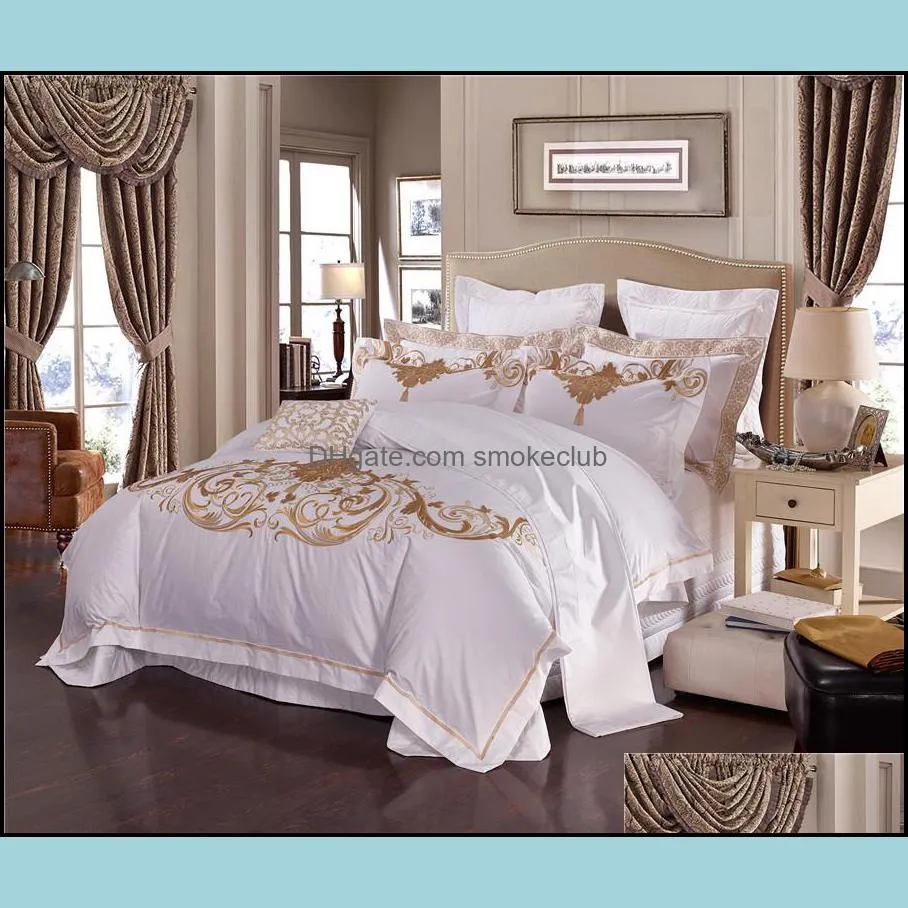 Bedding Sets 4/6/10Pcs Luxury 1000TC Egyptian Cotton Embroidery White El Duvet Cover King Queen SizeFlat Bed Sheet Bedspread