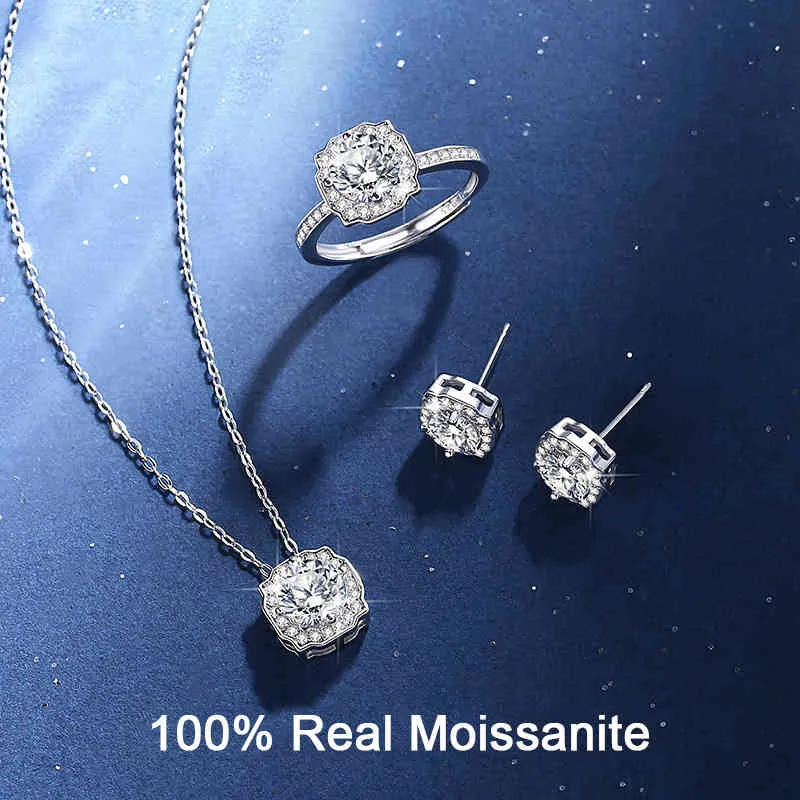 스털링 실버 럭셔리 신부 1ct D 색상 moissanite 목걸이 귀걸이 링 웨딩 쥬얼리 세트 여성 남자 선물