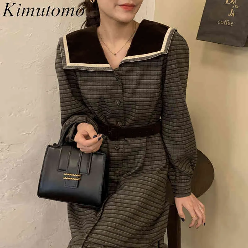 Kimutomo Chic Vintage Dresses Women Sailor Collar Panelled Single Breasted Slim Waist Long Sleeve Trumpet Vestido Feminino 210521