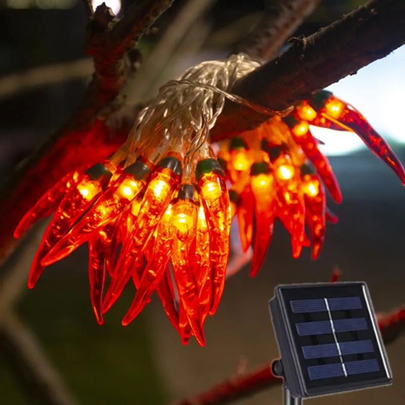 Strängar LED Solar Lamp Red Chili Fairy Lights String utomhus vattentätt år Garland Festoon bröllopsfest Juldekoration