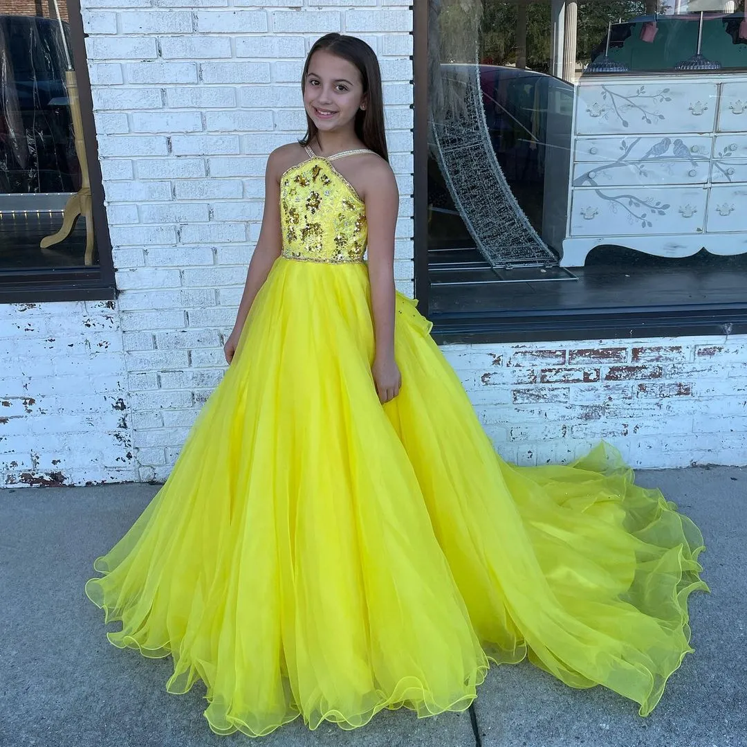 Abito da concorso giallo per bambini bambini adolescenti 2024 corpetto di perline Ritzee Roise Organza Long Girl Girl Kid Girl Abito da festa formale Cristallina a V-Back Crystas Halter