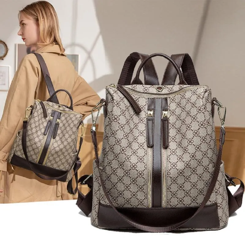 Backpack Style Women Women Luxury Vintage Pack Pack Bag Big Capacate Brand Design Anti-roubo para menina com impressão de cartas