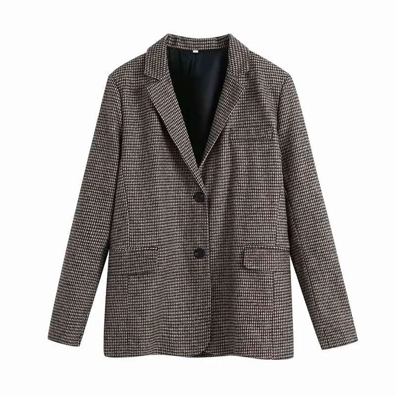 Vintage femmes marron Plaid Blazers mode dames Chic col cranté veste Streetwear femme casual poche manteaux 210430