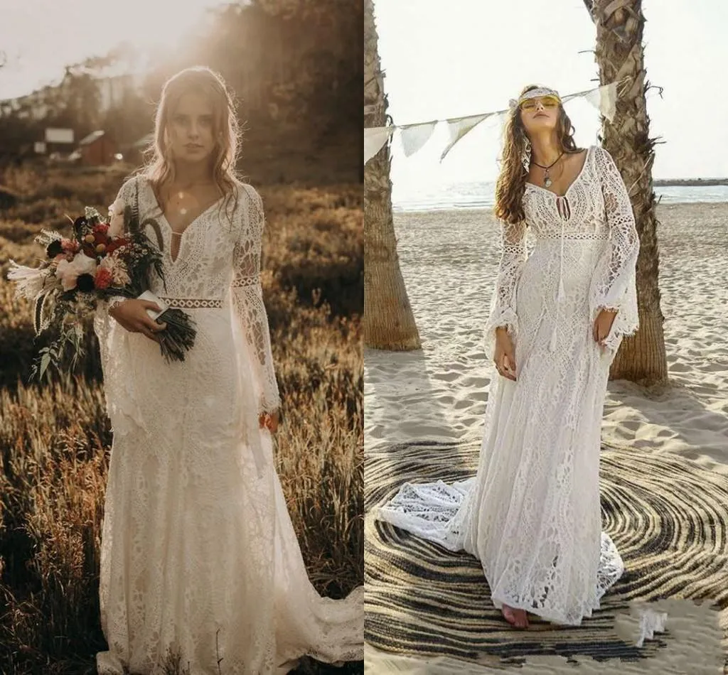 2022 Vintage Boho Beach Lace Bröllopsklänning Lång Lantern Sleeve Empire Waist V-Neck Monterad Bohemian Bridal Gowns Land Hippie Style Bride Dresses Vestidos de Novia